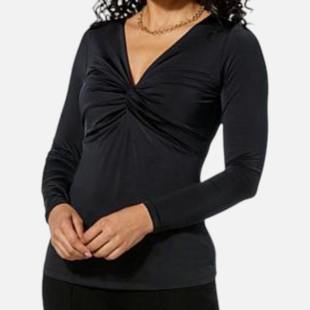 New IMAN Global Chic Women's Silky Knit Twist Front Top Black